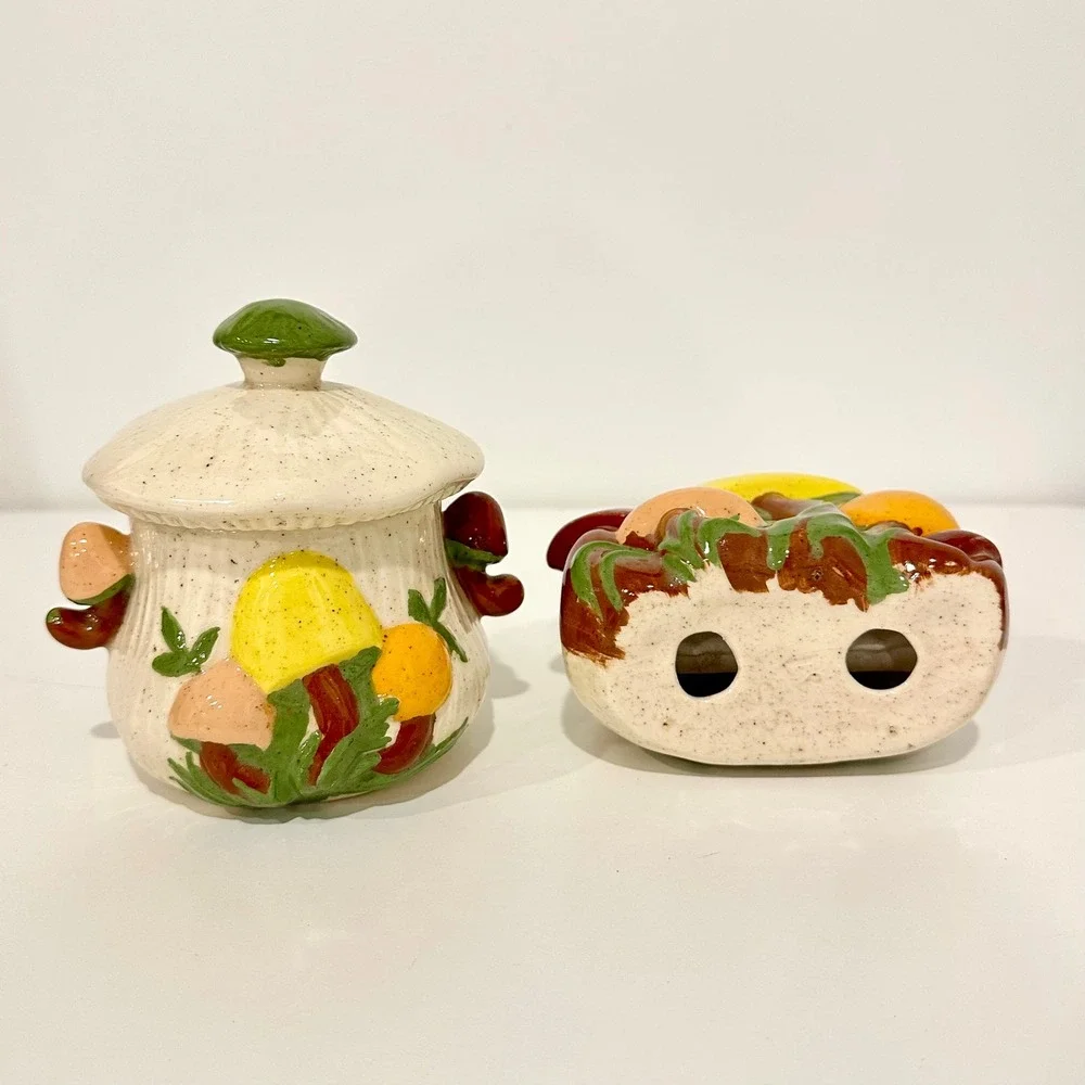 Vintage Ceramic Mushroom Sugar Bowl and Napkin Holder Set Retro Kitchen Decor